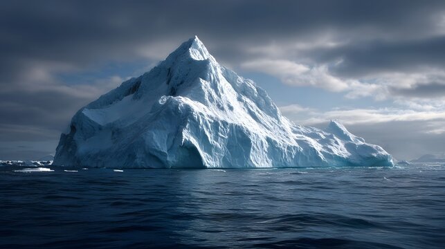 A majestic jagged iceberg rises from the cold dark ocean under a dramatic cloudy sky