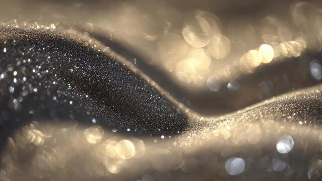 Close-up of black glitter on a dark surface with warm golden bokeh lights in the background. Concept Black glitter texture, close-up detail, dark surface contrast, warm golden bokeh - Powered by Adobe