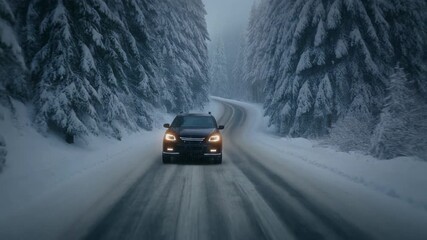Black S U V drives on a snowy forest road with headlights on in a winter landscape with mist and snow covered pine trees - Powered by Adobe