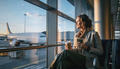 Woman Enjoys Coffee While Waiting at Airport for Flight Departure