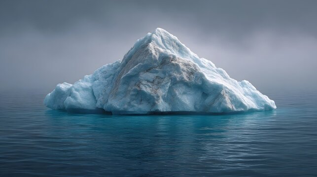 A large sculpted iceberg floats serenely in the deep blue cold ocean waters under a misty sky - Powered by Adobe