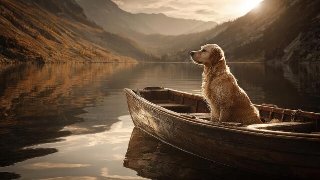 Golden retriever sits in a weathered wooden boat on a quiet mountain lake at sunset. Concept Golden retriever, Weathered wooden boat, Mountain lake sunset, Serene outdoor portrait