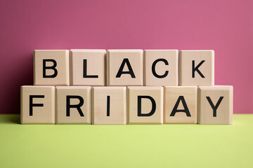 "Black Friday" Word on Wooden Blocks: Flat Lay on a Colorful Pink and Green Diagonal Background