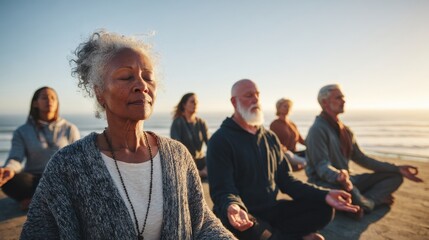 Elderly Diverse Group Practicing Meditation on Beach at Sunset Peaceful Calm Spiritual Practice