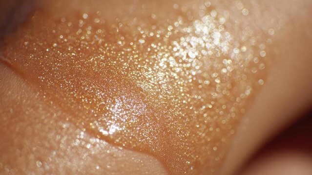 Close-up of skin covered in tiny golden glitter sparkles under bright light. Concept Close-up, Golden glitter, Skin texture, Sparkling light, Bright illumination