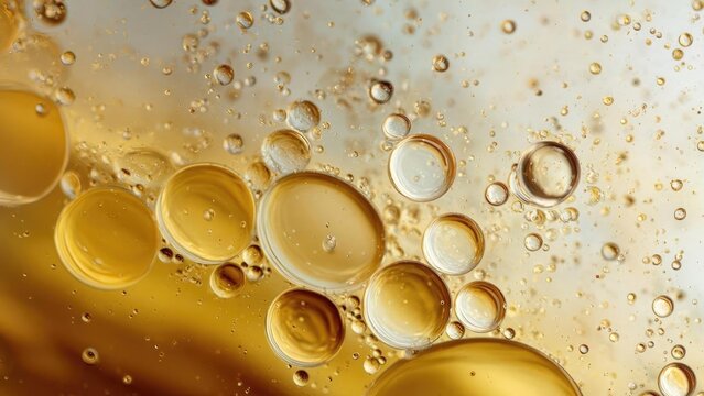 Golden oil droplets suspended in water, captured in macro photography. Concept Macro Photography, Golden Oil Droplets, Suspended in Water, Light Refraction, Abstract Chemistry