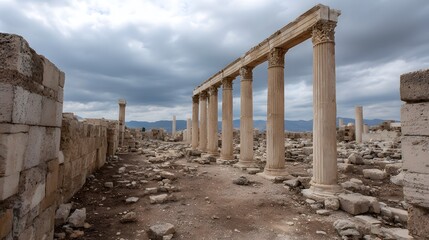 Ancient archaeological ruins with classical columns and stone walls under a dramatic cloudy sky