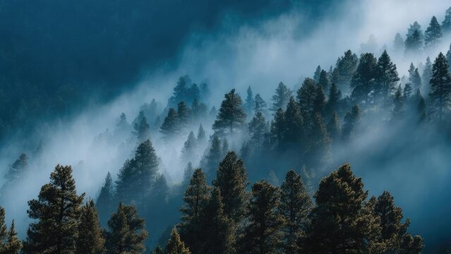 Misty pine forest on a mountainside, fog weaving between the trees. Concept Misty pine forest, Mountainside fog, Fog weaving between trees, Moody woodland landscape, Alpine forest scenery