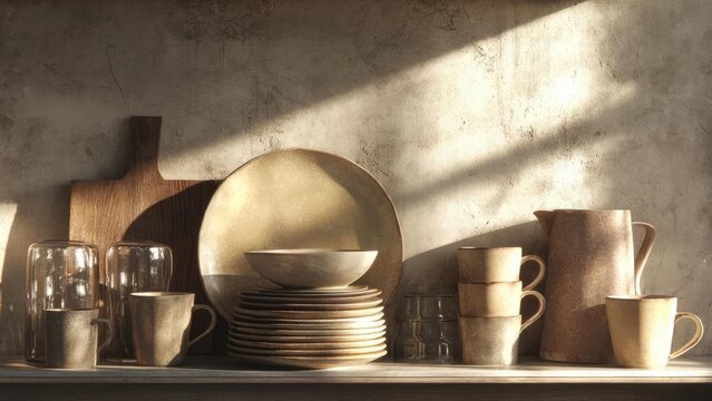 Rustic kitchen still life with stacked ceramic plates and bowls, mugs, glassware, a cutting board and a large pitcher. Concept Rustic kitchen still life, Stacked ceramic plates and bowls