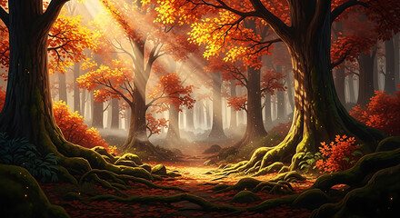 Artistic Autumn Forest Scene With Orange Leaves And Sun Rays