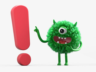 Fluffy, cute monster with an exclamation mark, symbolizing attention or warning. 3D rendering, conceptual image. Isolated on white background.