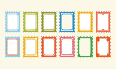 Colorful Decorative Frames Collection of Postage Stamp Borders with Ornamental Edges, Blank Rectangle Shapes for Scrapbooking and Design Projects