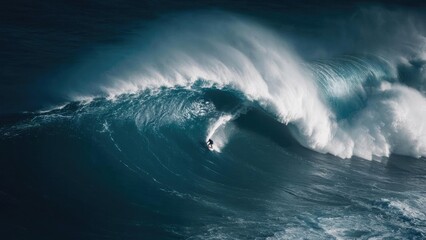 Obraz premium Surfer riding a giant barreling wave, perched inside the hollow curling tube. Concept Surf photography, Big wave, Inside the hollow barrel, Tubed surfing, Ocean adrenaline