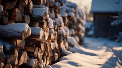 A large stack of firewood piled outdoors in the snow, bathed in warm winter sunlight. Concept Winter woodpile in the snow, Warm sunlight on logs, Rustic outdoor scene, Cozy winter textures