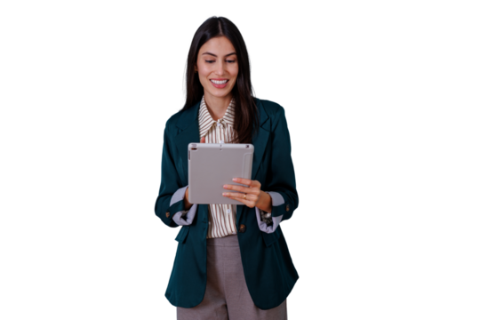 Professional businesswoman smiling while using digital tablet, browsing data and managing tasks on transparent background