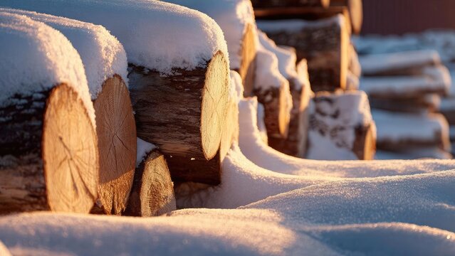 Stacks of snow-covered firewood logs glowing in warm sunset light. Concept Snow-covered firewood, Firewood stack, Warm sunset glow, Winter rustic scene, Golden hour light