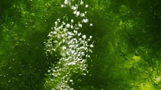 Macro Oxygen Bubbles in Microalgae Bioreactor &mdash; Mesmerizing Green Fluid, Close-Up Biotech Texture, Minimalist Science