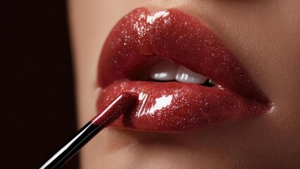 Close-up of glossy red lipstick being applied to lips with a lip brush. Concept Close-up makeup shot, Glossy red lipstick, Lip brush application, Glamorous beauty portrait, Lip color detail