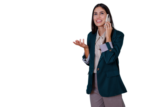 Professional businesswoman talking on phone, gesturing during a business call, discussing strategy on transparent background - Powered by Adobe