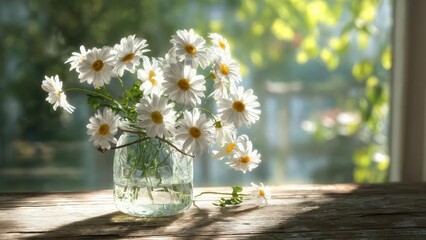 Naklejka premium White daisies with yellow centers arranged in a glass jar on a sunlit wooden table. Concept Daisies, Glass jar, Sunlit scene, Wooden table, Floral arrangement