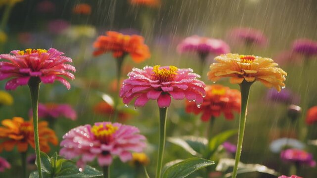 Close up macro of vibrant zinnia flowers in gentle rain shower with water droplets sparkling in soft golden sunlight creating a peaceful serene atmosphere and refreshing natural beauty