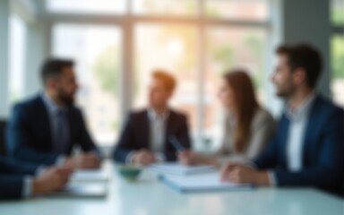 Blurry office meeting scene symbolizing business dynamics, with copy space. High quality