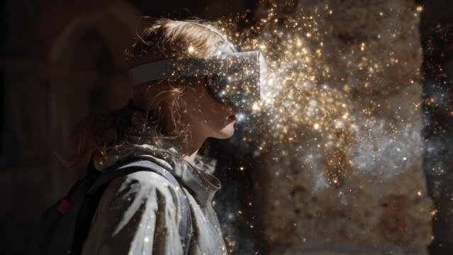 A person wearing a virtual reality headset, golden spark particles streaming from the visor as if entering a glittering digital world. Concept VR Headset Portrait, Golden Spark Particles