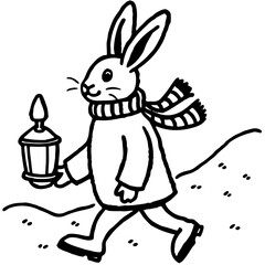 A rabbit in a scarf and coat walks with a lantern