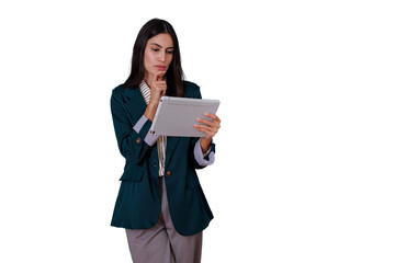 Businesswoman thinking, analyzing data on a tablet, planning strategy and innovative solutions for corporate growth