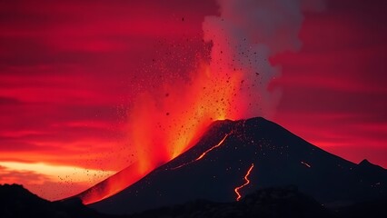 capitulating. Volcanic eruption launching rocks into a dark red sky, dramatic natural scene. travel magazines, destination branding, designed for travel destination branding, used by store managers.