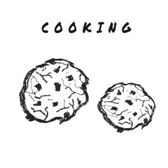 Minimalist sketch drawing of two chocolate cookies (or similar baked goods) on a png or white background, with the word 