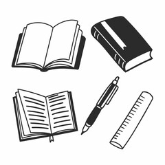 Collection of hand drawn school supplies and books