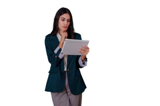 Businesswoman thinking, analyzing data on a tablet, planning strategy and innovative solutions for corporate growth