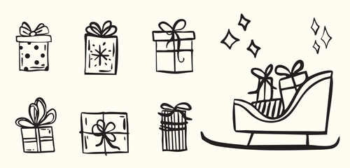 Whimsical christmas sleigh with gifts vector doodle reindeer element transport in simple minimalistic style sketch. Hand drawn line decoration set.