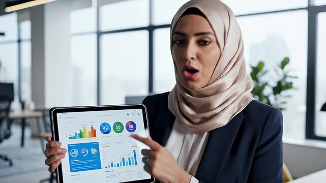 Muslim businesswoman presents financial data on tablet in modern office. - Powered by Adobe