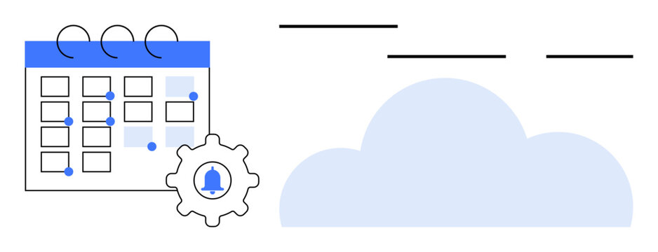 Calendar with marked dates, notification gear icon, and cloud. Ideal for time management, task organization, planning, scheduling, reminders digital tools efficient workflow. Simple flat metaphor - Powered by Adobe