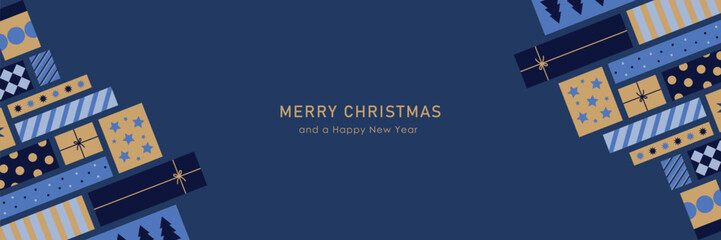 christmas banner with christmas gifts in gold and blue, modern abstract design, isolated vector illustration on blue background, template for banner, invitation, greeting card, poster, backdrop