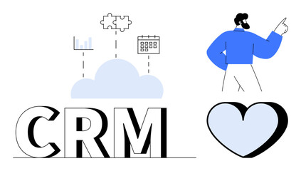 Cloud linked to analytics, puzzle, and calendar above CRM, adjacent user figure pointing at a heart. Ideal for business solutions, teamwork, customer relationship, organization, connection