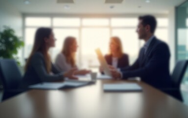Blurry office meeting scene symbolizing business dynamics, with copy space. High quality