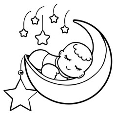 Sweet baby sleeping on a crescent moon with stars