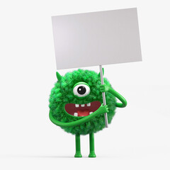 Fluffy, cute monster holds a blank sign, symbolizes information and advertising display. 3D rendering, conceptual image. Isolated on white background.