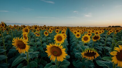 A field of sunflowers under a blue sky at dusk in the countryside