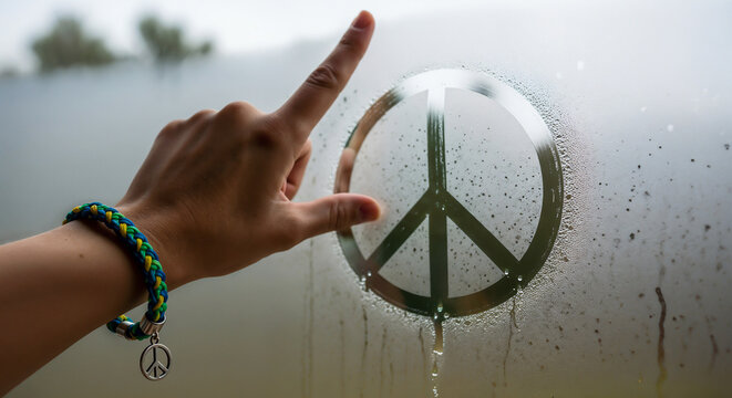 Hand with peace sign bracelet pointing to symbol symbolizing hope and unity