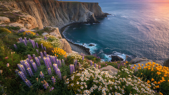 Coastal cliffs with wildflowers overlooking blue ocean at sunset water