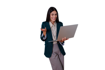 Businesswoman conducting video call during virtual meeting, communicating online holding laptop, transparent background