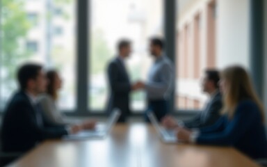 Blur office meeting blurred background with business people working group in boardroom discussion, executive seminar or professional training in enterprise. High quality