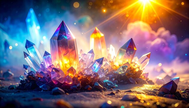 Magical burst of pure energy radiating through crystal formations, glowing light waves pulsing with vibrant colors and ethereal mist,