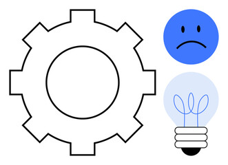 Large gear, sad blue face, and lightbulb symbolize problem-solving, challenges, and creative thinking. Ideal for engineering, failure analysis, brainstorming, innovation productivity education