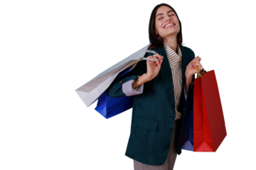 Young woman enjoying shopping, feeling satisfied with her purchases and consumer lifestyle, transparent background
