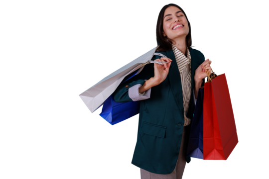 Young woman enjoying shopping, feeling satisfied with her purchases and consumer lifestyle, transparent background - Powered by Adobe
